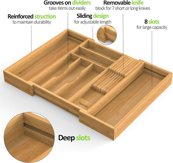 Thalomely Bamboo Expandable Silverware Organizer