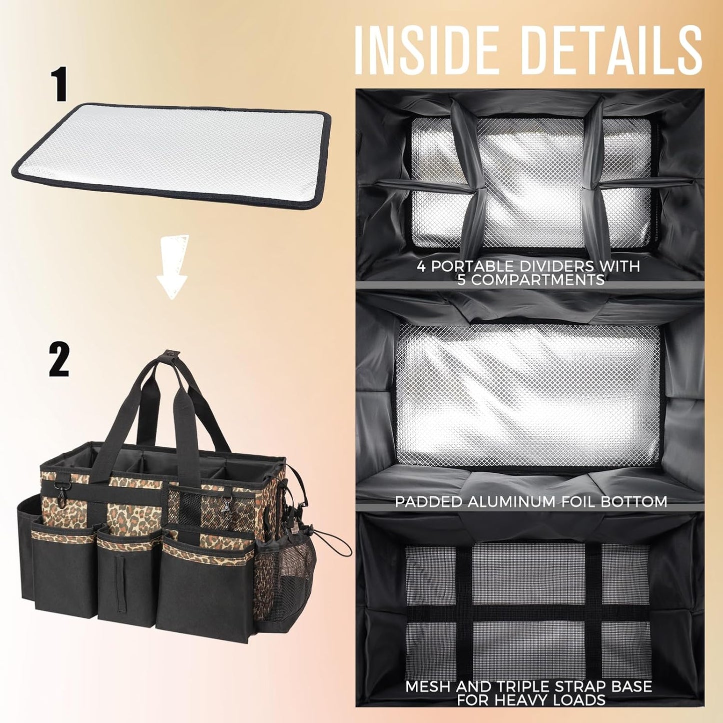 Wearable Cleaning Caddy, Cleaning Caddy Supplies Organizer with Handle & Shoulder Straps for Housekeepers, Under Sink & Car Cleaning Tool Organizers Bag with 4 Foldable Divider (Leopard)