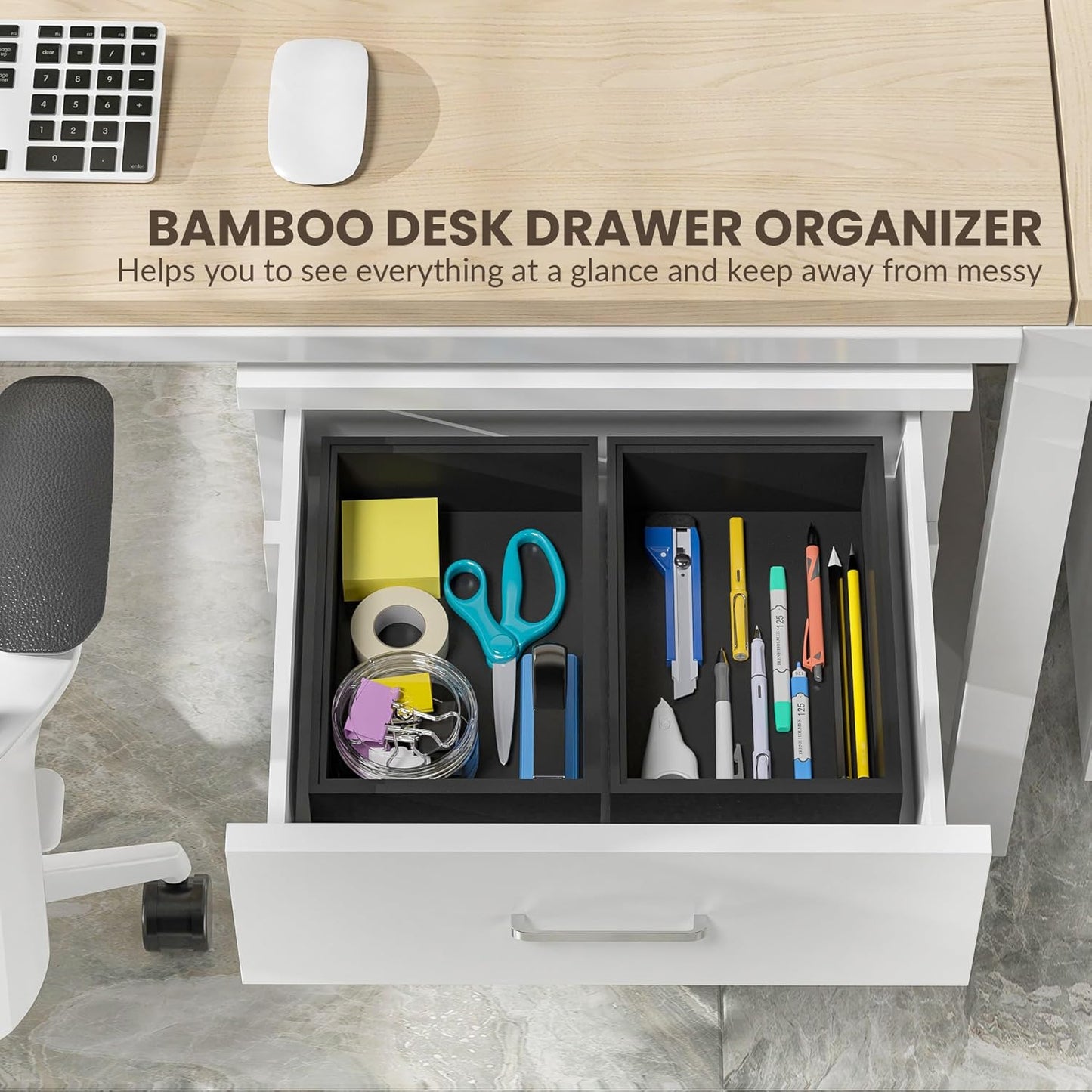 Kitchen Drawer Organizer Bins, Stackable Bamboo Drawer Organizer for Silverware, Flatware, Deep Office Desk Organizer Tray, Desktop Pen, Office Organization Black 9" x 6" x 2.5"(Set of 2)