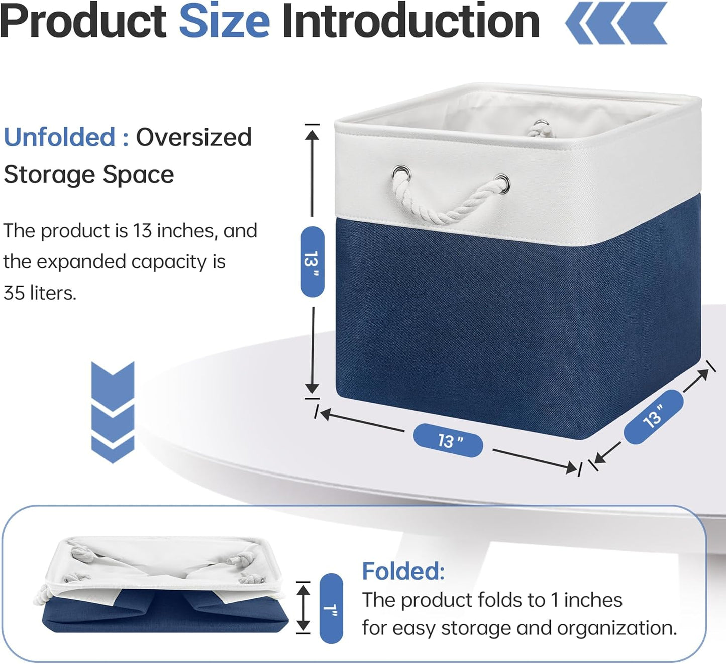 13x13 Inch Cube Storage Bins with Reinforced Bottom Cardboard, 6 Pack Large Collapsible Fabric Storage Cubes with Handles for Shelf, Closet, Toy, Laundry Organization (White&Navy Blue)