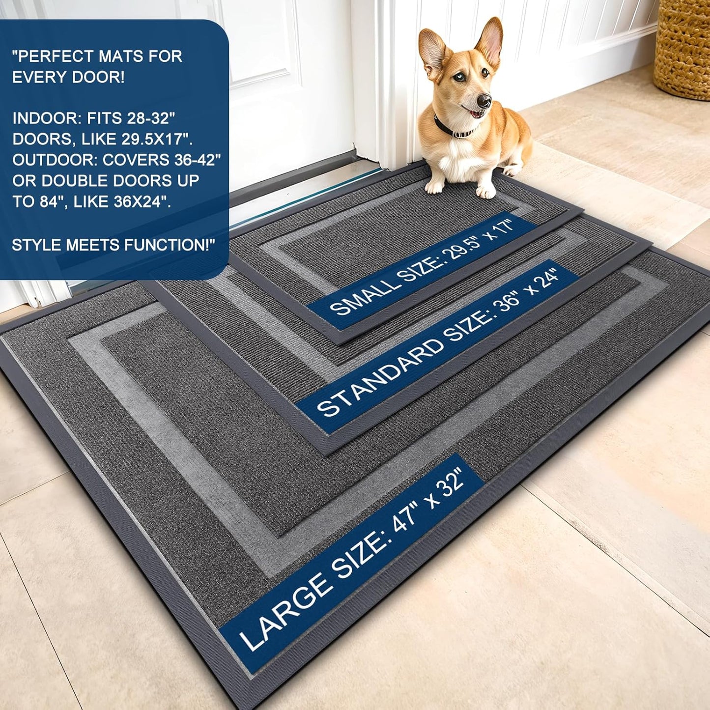 OLANLY Front Door Mat Indoor Outdoor Entrance, Waterproof All-Season, All-Weather Doormat, Sturdy Natural Rubber, Fade Resistant, Low Profile, Easy Clean Patio Porch Entryway Mat, 35x23, Dark Grey