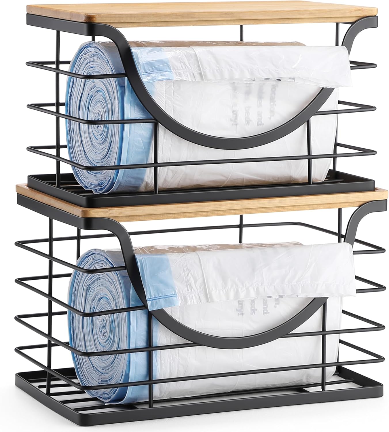 Extra Large Trash Bag Holder Under Sink 2 Pack Stackable Kitchen Storage with Bamboo Lid, Garbage Bag Dispenser Roll Holder, Pantry Organizers Wall Mounted Laundry Room Organization Storage