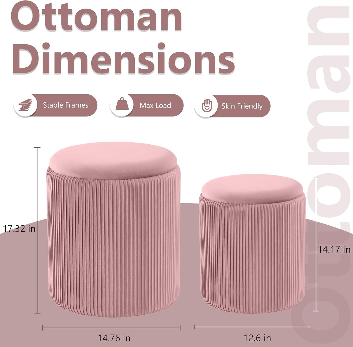 Round Ottoman with Storage Set of 2,Vanity Stool with Storage for Bedroom, Ottoman Coffee Table,Small Velvet Foot Stool for Living Room, Pink