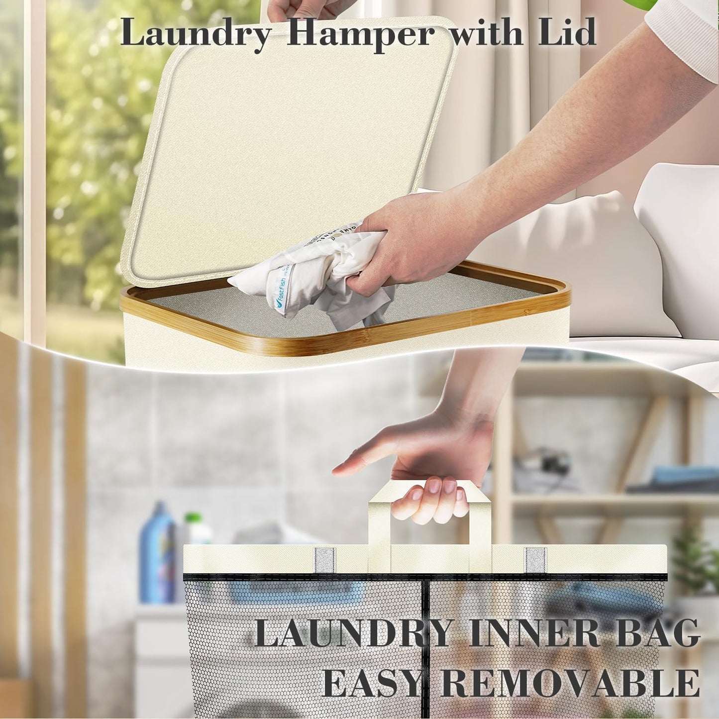 Laundry Hamper with Wheels,29 Gal (110L) Laundry Basket with lid Rolling Clothes Hamper Foldable Dirty Clothes Basket on wheels with Bamboo Frame and Bag for Bedroom, Dorm, Laundry Room-White