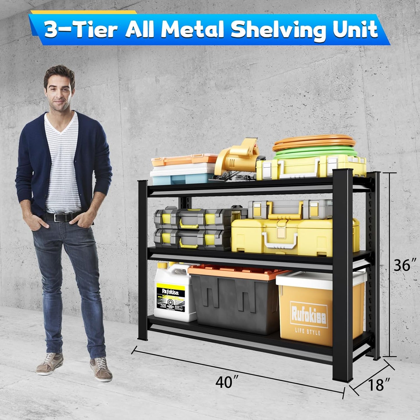 40" W Garage Shelving Heavy Duty，1500LBS Loads Adjustable Garage Storage Shelves,3-Tier Metal Storage Racks and Shelving Units, Utility Rack Shelves,40”W x 18”D x 36”H,Black