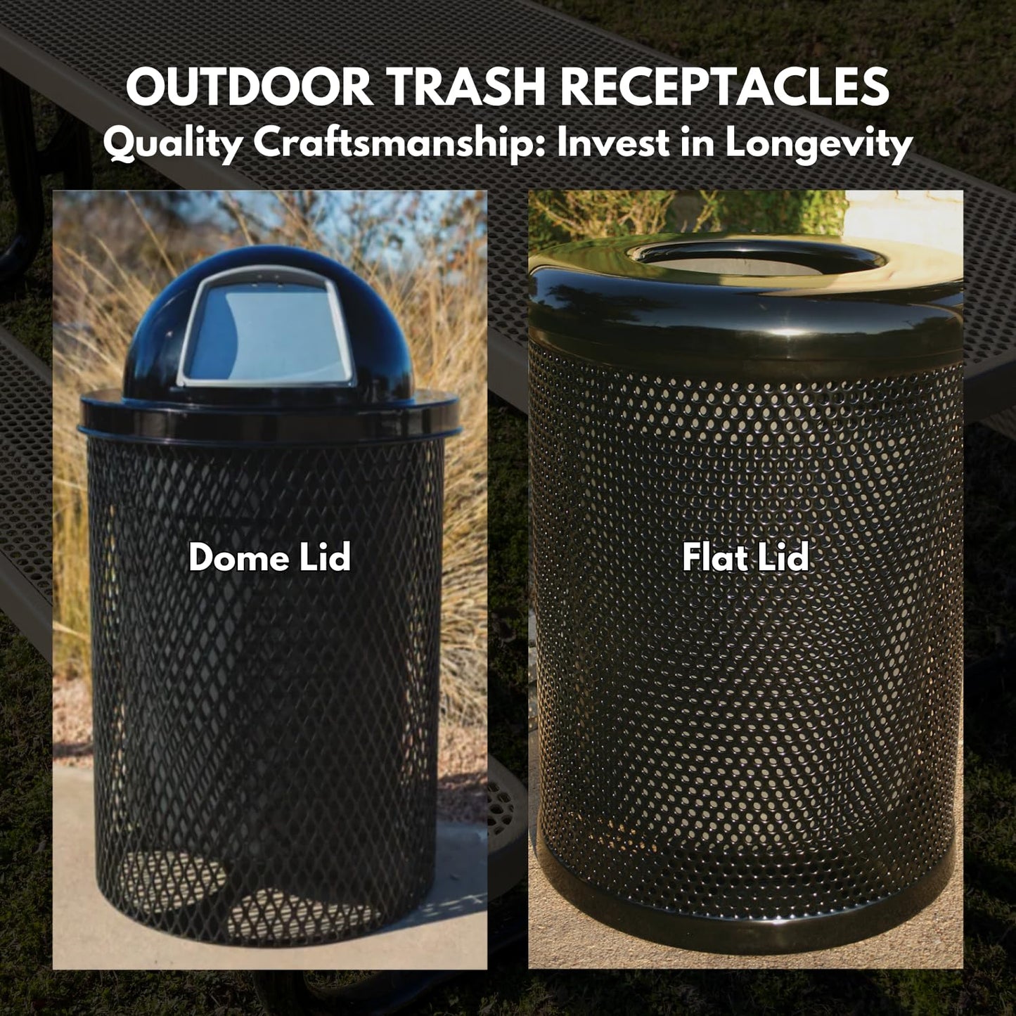 COATEDOUTDOORFURNITURE RFT-BLK Heavy Duty 32 Gallon Round Trash Receptacle, Liner Included, Black with Black Flat Top, Made in America