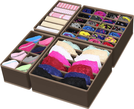 Simple Houseware 4-Pack Drawer Organizer Set - Closet Dividers for Underwear, Socks, Bras, Scarves, Ties - Foldable Non-Woven Storage Boxes, Brown