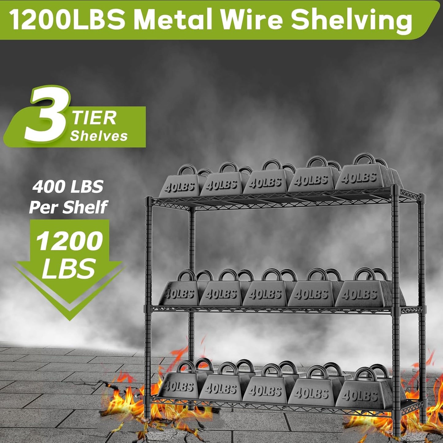 Storage Shelves, 4 PCS 48" L x 20" W x 47" H Heavy Duty Garage Wire Shelving Unit Loads 1200LBS, 3-Tier Adjustable Metal Industrial Utility Shelf Rack for Kitchen, Laundry Room, Basement