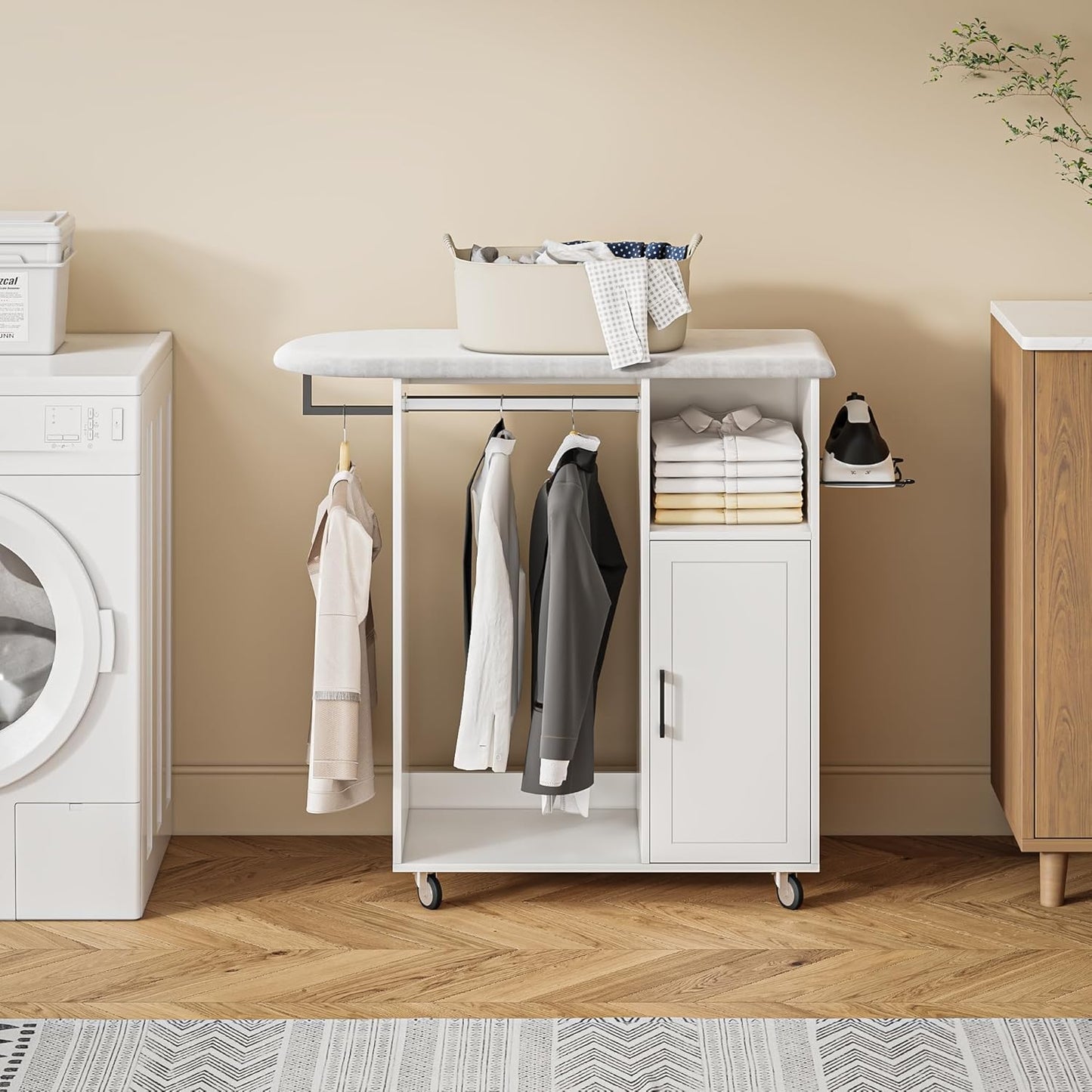 Rolling Ironing Board with Storage Cabinet, Multipurpose Wooden Ironing Cabinet with Wheels, Ironing Table with Heat-Resistant Sponge