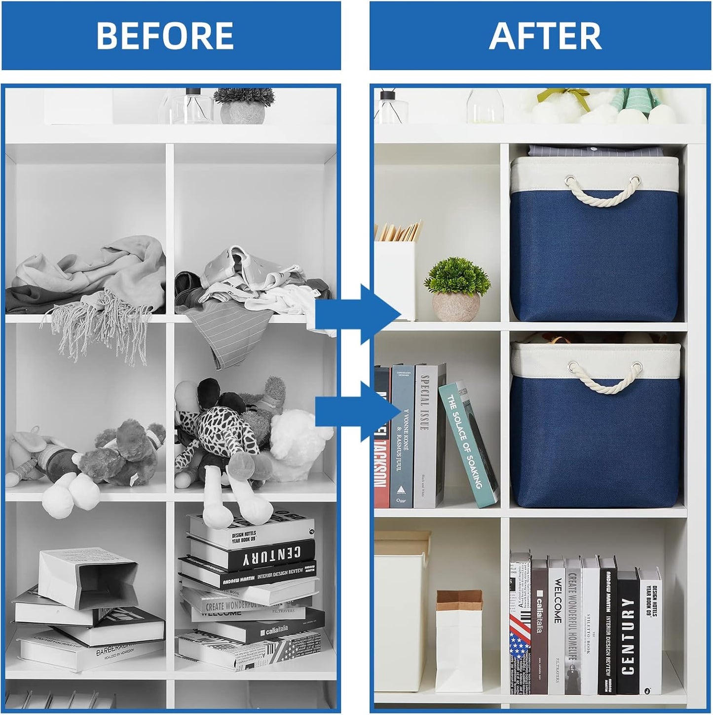 Temary Storage Baskets for Shelves, 2 Pcs Fabric Storage Bins Empty Gift Baskets for Organizing Clothes, Books, Decorative Basket with Rope Handles (White&Blue,16Lx12Wx12H Inches)