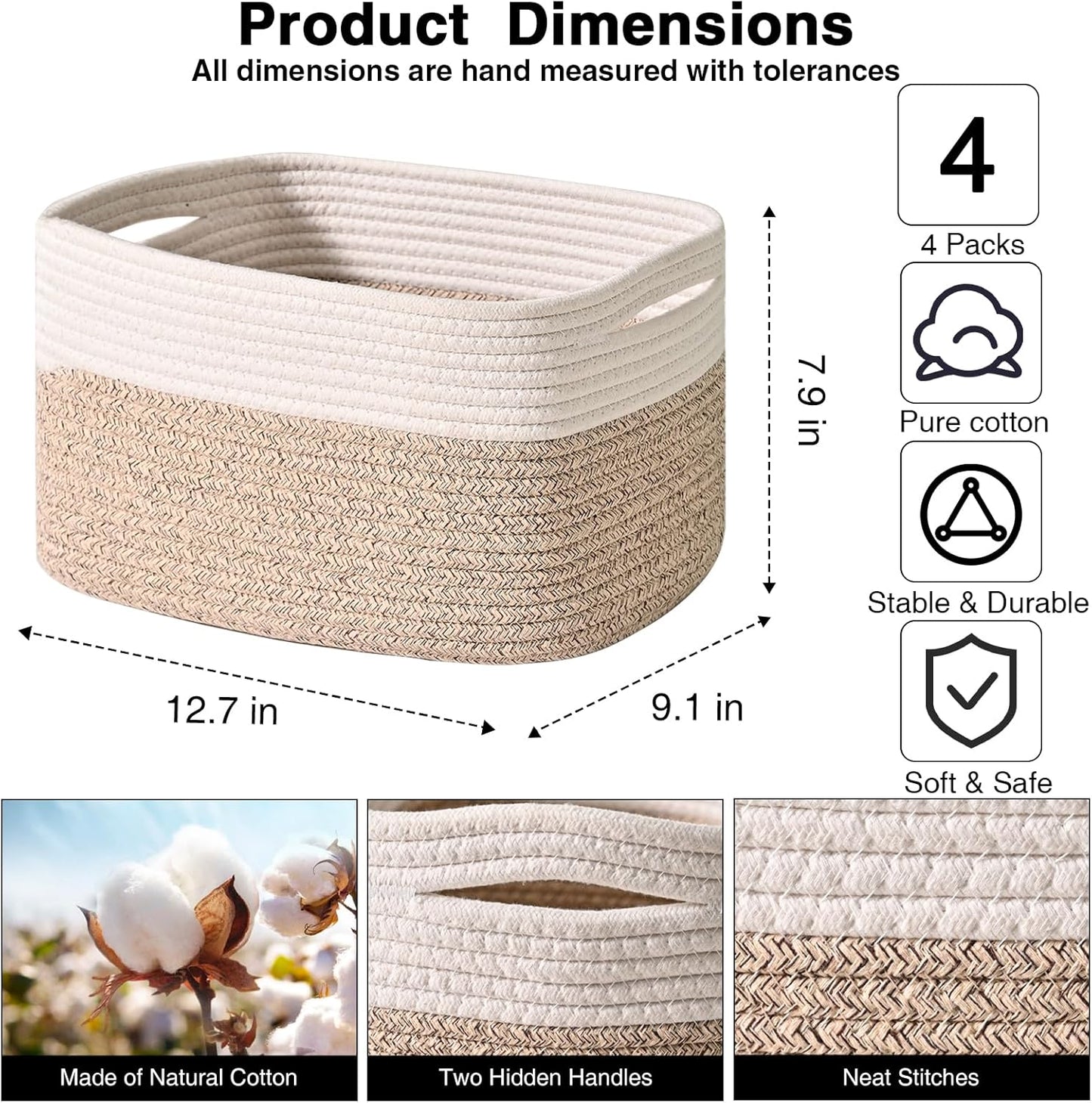 Small Storage Baskets for Organizing, Woven Storage Baskets for Shelves, Cotton Rope Basket for Storage, Cute Rectangular Book Toy Basket, 12.7"×9.1"×7.9", 4 Packs, Off White & Brown
