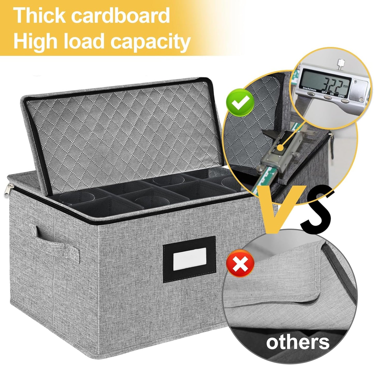 homyfort Wine Glass Storage Box, China Storage Containers with Dividers, Stemware Storage Case Holds 12 Wine Glass or long stem Crystal Glassware with Handles, Hard Shell and Stackable (Grey)