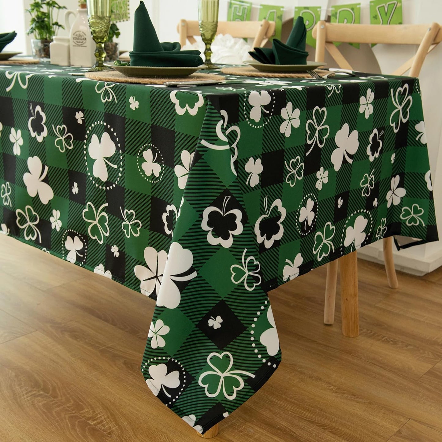 Gingham St Patricks Day Tablecloth Fabric - Oblong 58x120 Water Resistant Irish Plaid Table Cloth for Indoor/Outdoor Use - Lucky Clover Decorations Perfect for Birthday, Picnics, Gardens