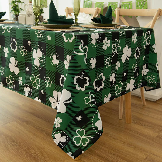 Gingham St Patricks Day Tablecloth Fabric - Oblong 58x120 Water Resistant Irish Plaid Table Cloth for Indoor/Outdoor Use - Lucky Clover Decorations Perfect for Birthday, Picnics, Gardens