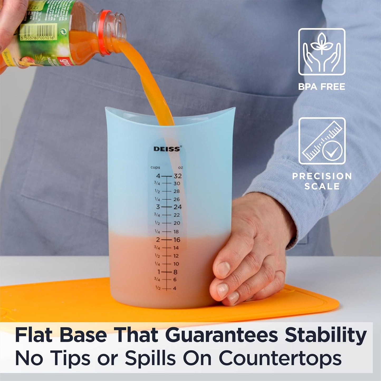 Deiss PRO 3 Piece Silicone Measuring Cup Set - Versatile & Durable, Easy-Pour Spout, Non-Stick for Easy Clean, Heat-Resistant - Squeeze & Pour Liquid Measuring Cups - Ideal for Baking, Cooking, Resin