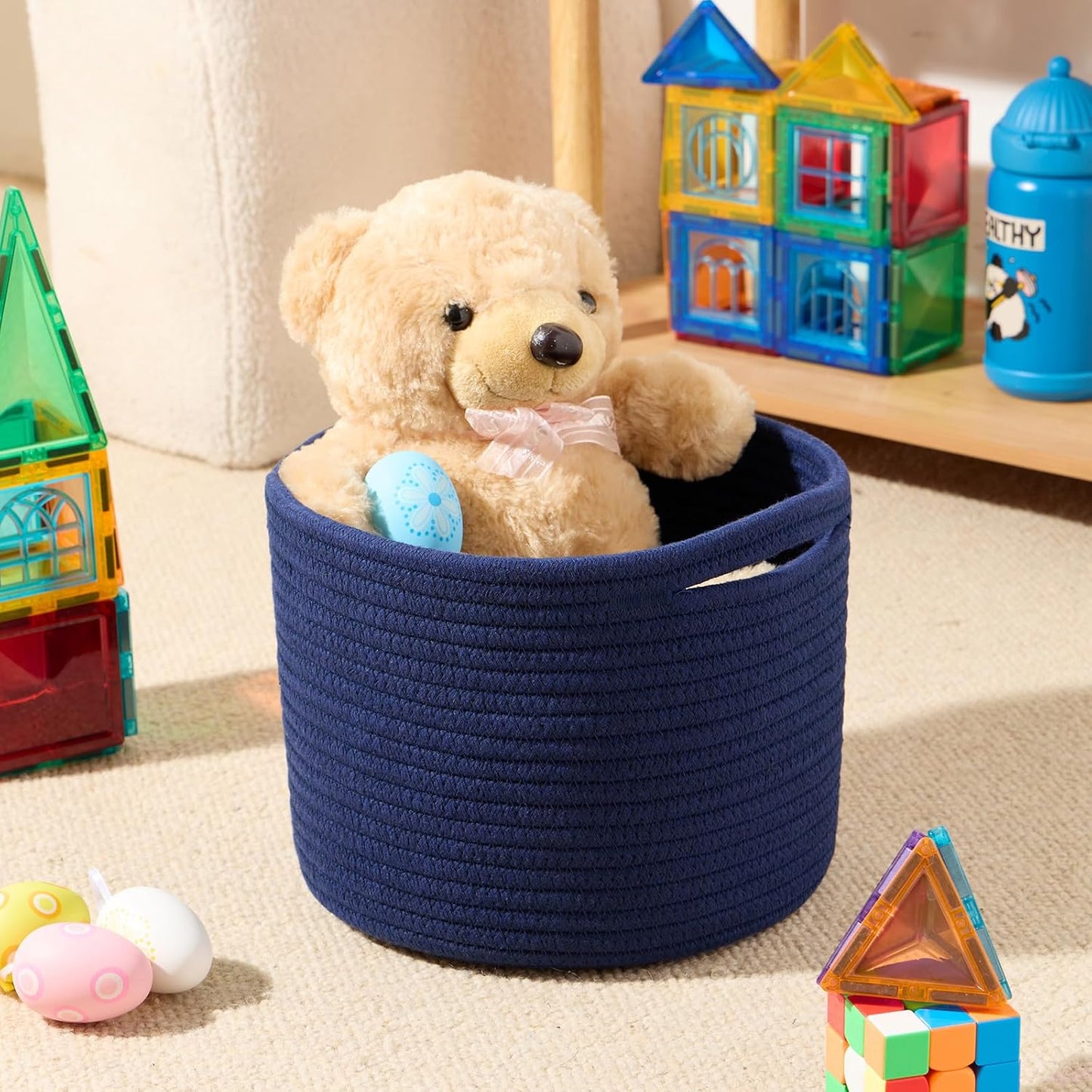 Small Basket for Organizing | Cube Shelf Closet Storage Baskets | 9.7×9.7×7.1” | Woven Rope Gift Basket | Nursery | Round 3 Packs Navy Blue