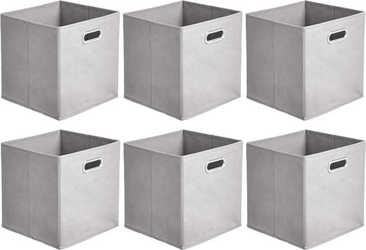 Amazon Basics Collapsible Cube Storage Organizer Bins, 6-Pack, 10.5 x 10.5 x 11 inches, Light Grey