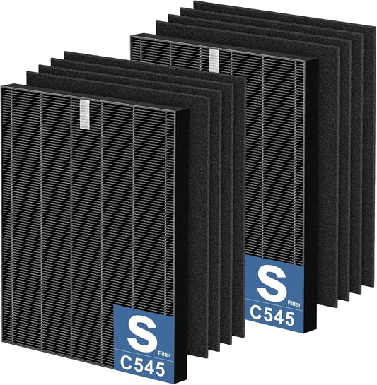 2 Pack C545 HEPA Smoke Replacement Filter S Compatible with Winix C545 Air Purifier, Replaces Part 1712-0096-00 and 2522-0058-00, 2 HEPA Filter + 8 Activated Carbon Filters, Black