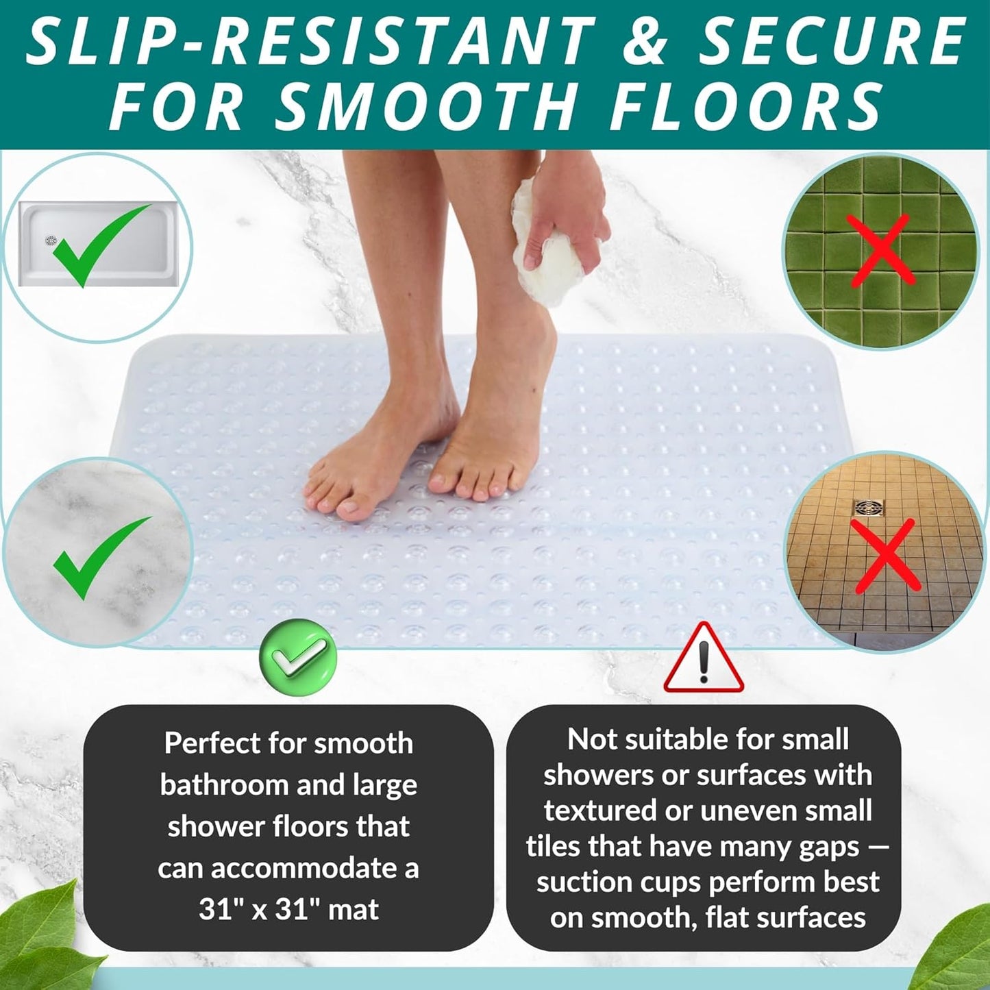 ENKOSI Extra Large Square Non Slip Shower Mat - 31 x 31-inch XL Bathroom Shower Mat - Square Shower Matts for Shower Stall Floors | Secure Suction Cups and Drain Holes (31x31 Clear)