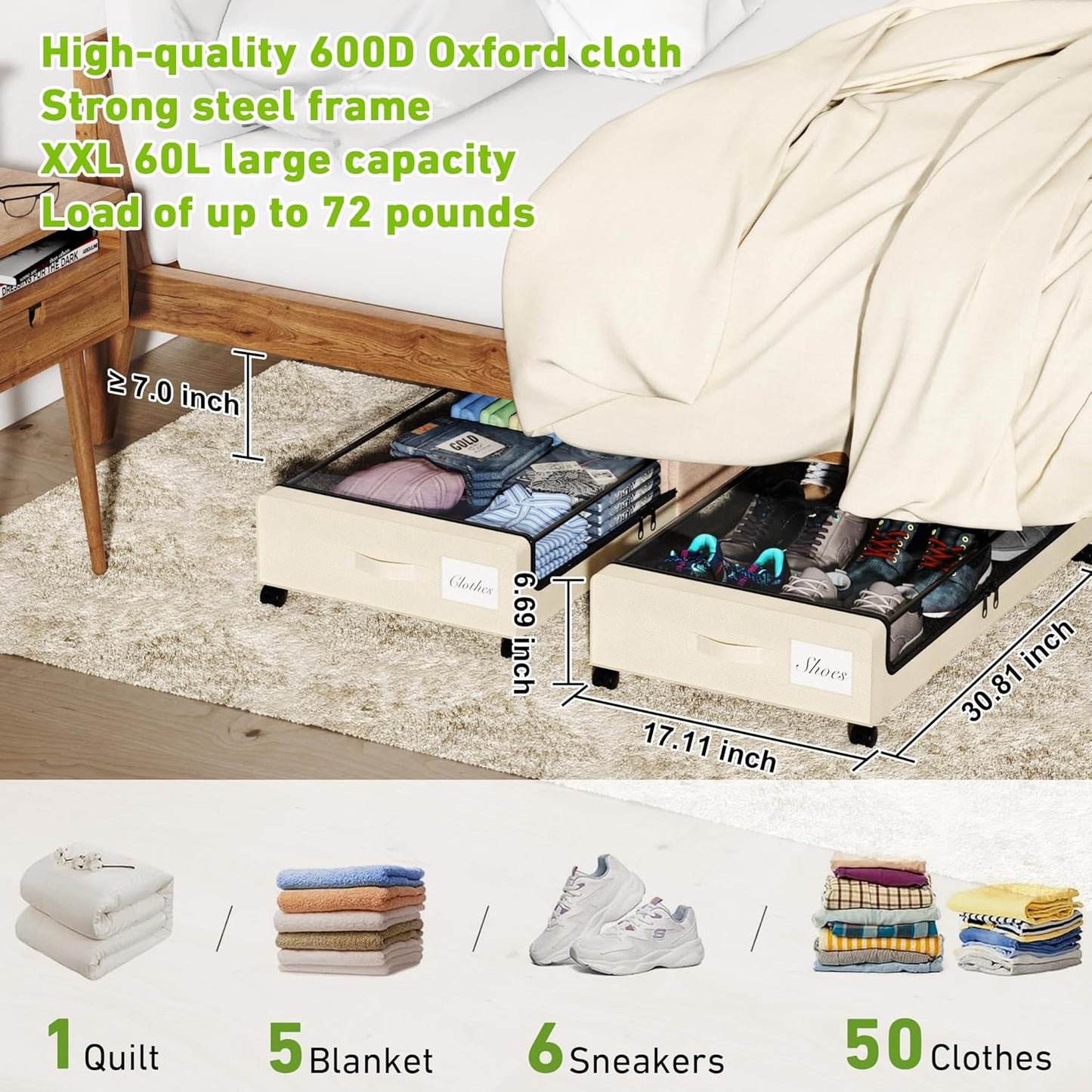 Under Bed Storage with Wheels, Under the Bed Storage Containers with Clear Lids & Label, Underbed Storage Bins, XXL 60L Rolling Metal Drawer for Clothes, Shoes, Toys, Books (4-Pack Beige)