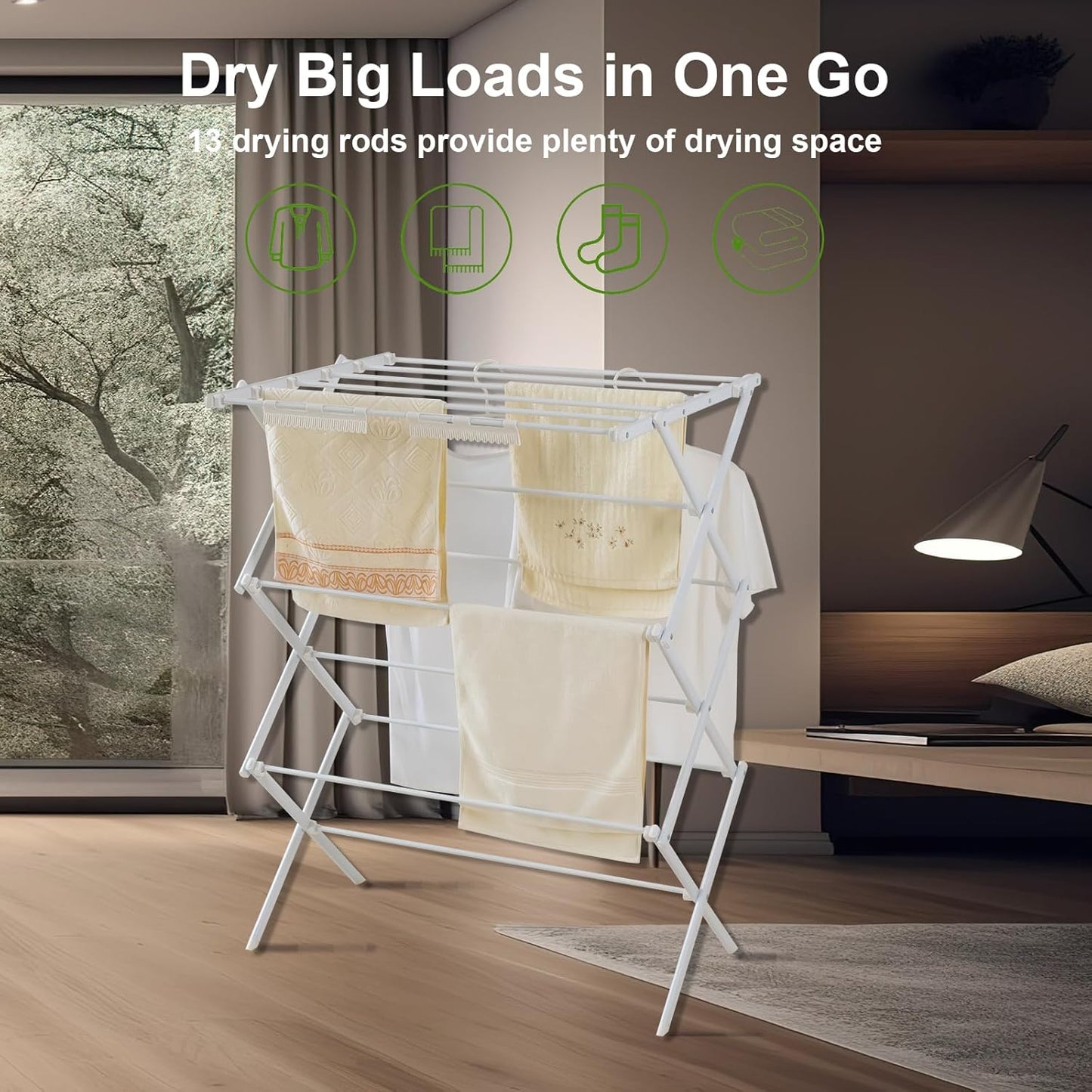 3 Tiers Foldable Clothes Drying Rack, Vertical Laundry Rack Portable and Collapsible for Storage Indoor Outdoor, Pearly White