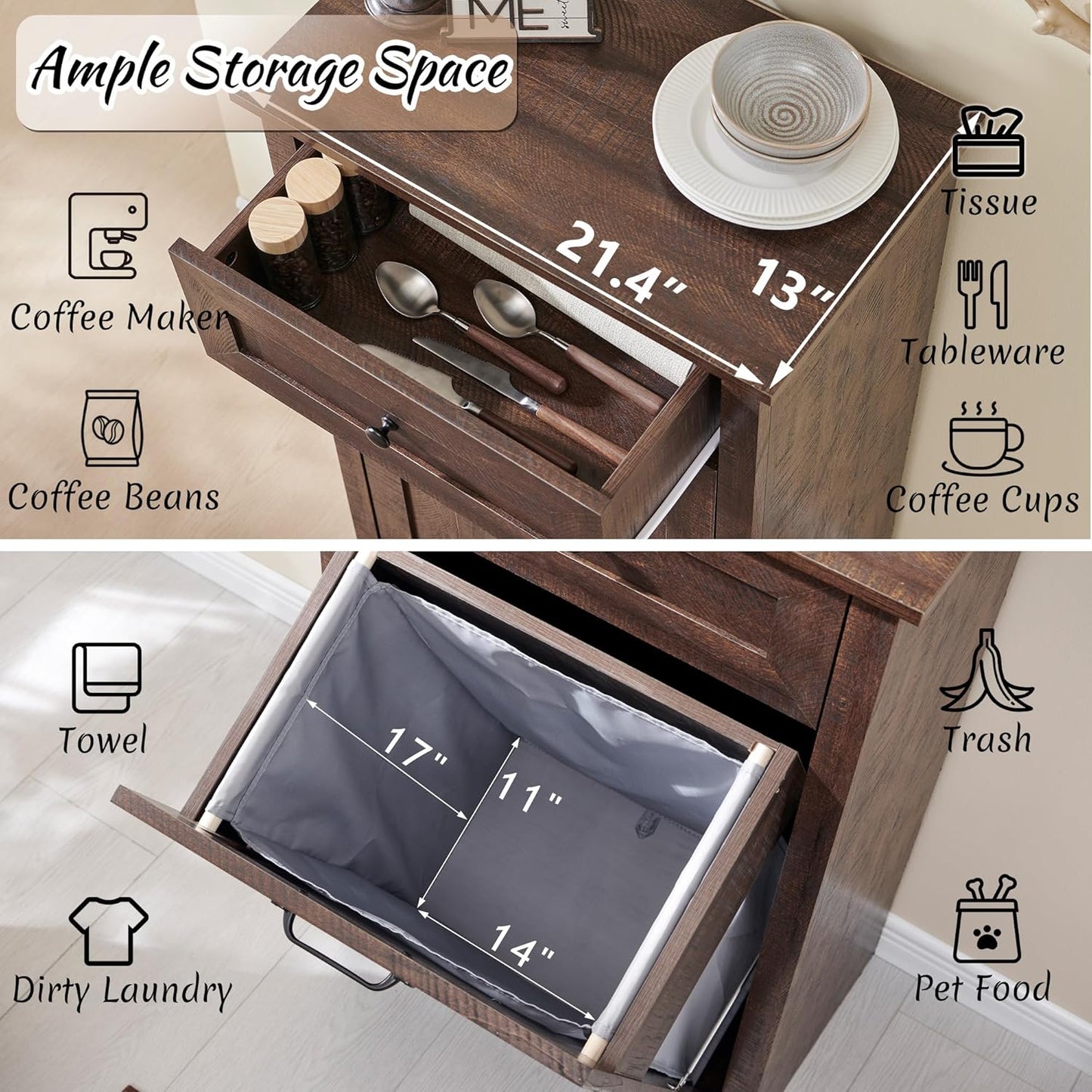 Tilt Out Laundry Hamper Cabinet, 10 Gallon Farmhouse Trash Can Cabinet with Drawer, Hidden Wood Garbage Can Bin Cabinet with Laundry Storage Basket for Bathroom, Kitchen, Brown