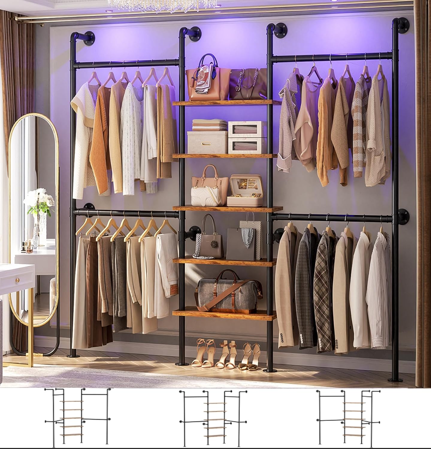 Aheaplus Industrial Pipe Clothing Rack, Reversible 6.42FT Clothes Rack for Hanging Clothes, Heavy Duty 5-Tier Closet Wardrobe Garment Racks with Shelves, Corner Closet Organizer System, Rustic Brown