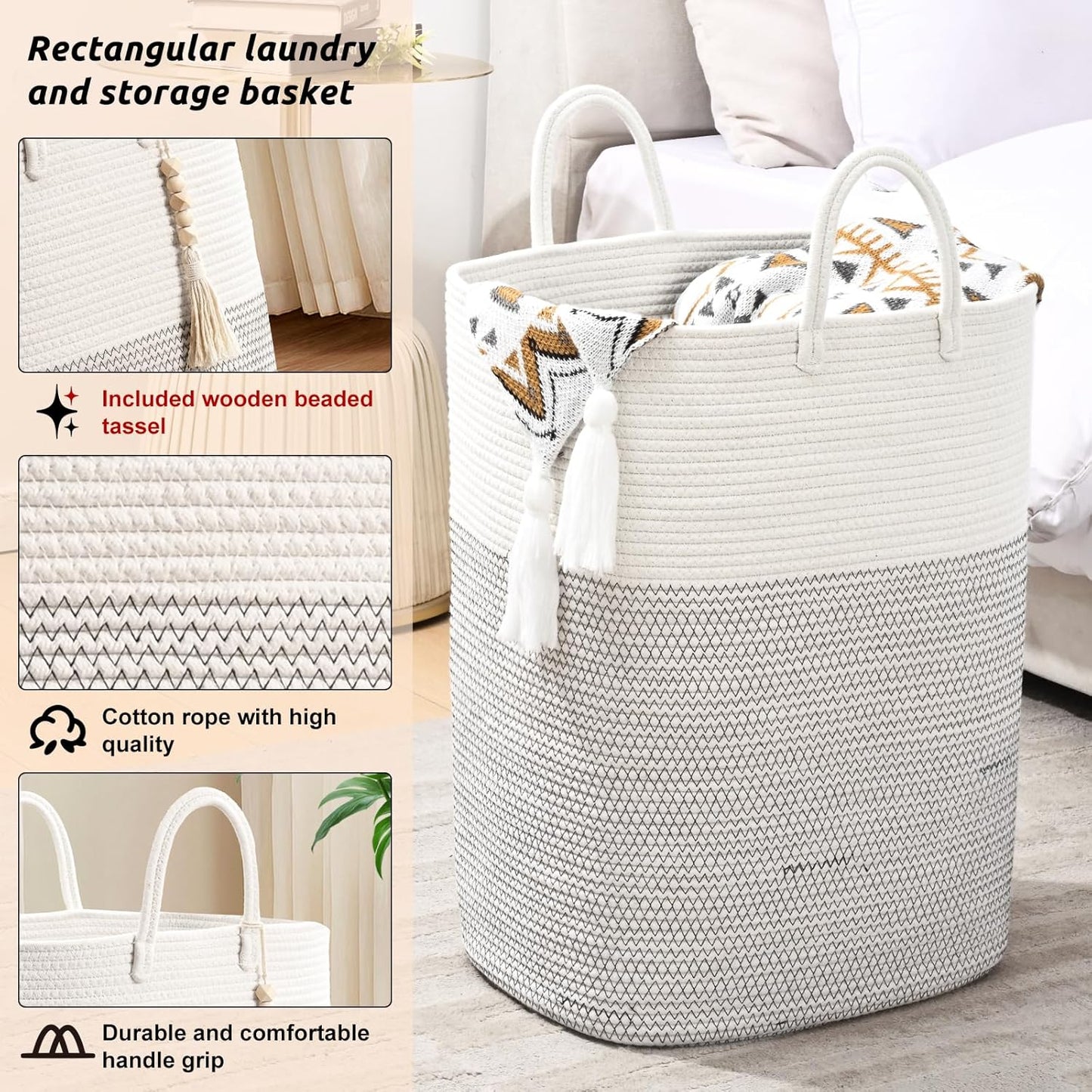 Woven Laundry Basket for Clothes, 80L Large Rectangle Laundry Hampers with Beads Tassel, Nursery Storage Basket for Toys, Tall Dirty Clothes Hamper for Bedroom Aesthetic, Laundry Room Organization