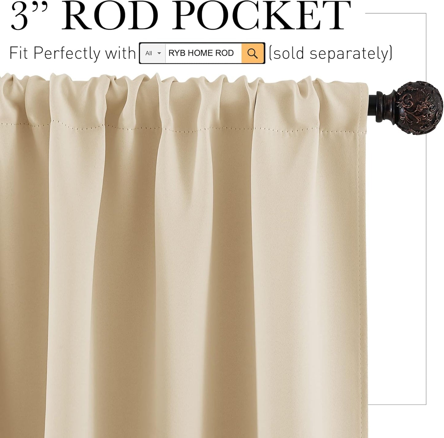 RYB HOME Room Darkening Short Curtains for Small Winow Decor Light Block Thermal Insulated Drapes for Kids Bedroom Bathroom Downstairs Window RV Curtains, 52 x 36, Biscotti Beige, 2 Panels