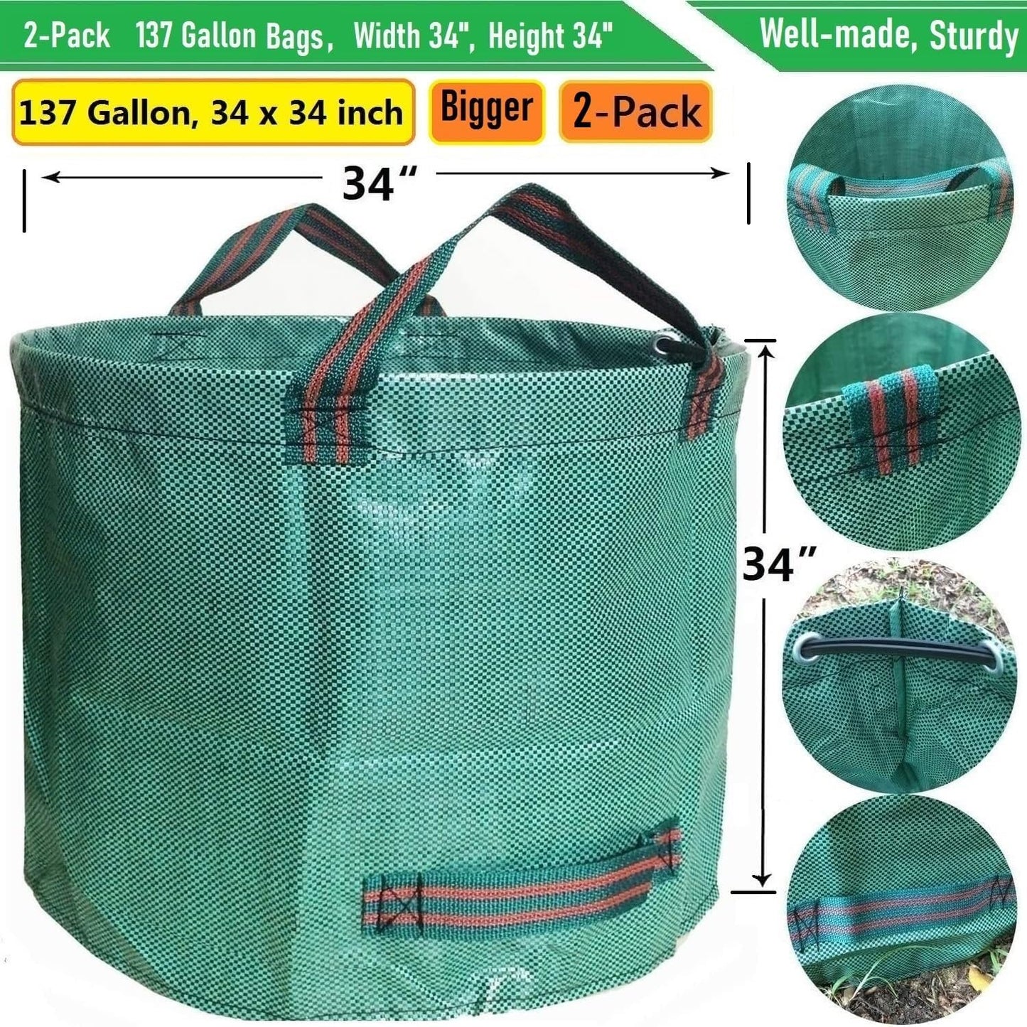 Professional 2-Pack 137 Gallon Lawn Garden Bags Large (D34,H34 inch) Yard Waste Bags w/Gardening Gloves for Big Leaf Bag,Yard Debris,Waste Container,Lawn Trash,Grass Clippings Bag,Weed Bags 4 Handles