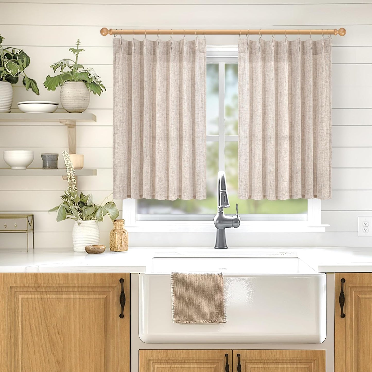 YoungsTex Short Natural Linen Curtains 45 Inch Length 2 Panels Pinch Pleated Light Filtering Textured Window Drapes for Bedroom Kitchen Cafe Privacy Back Tab, 40 X 45 Inch