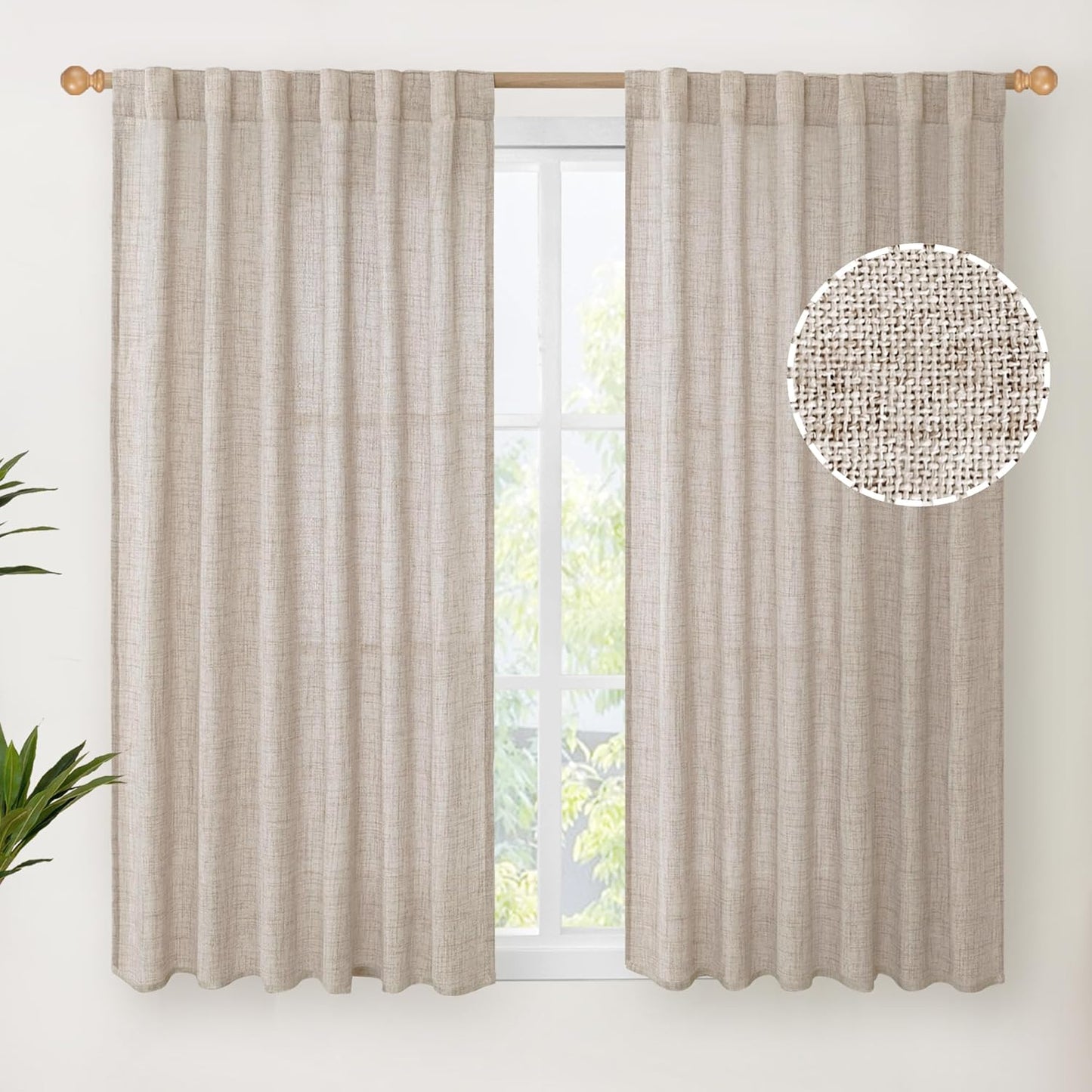 YoungsTex Short Linen Curtains 54 Inches Long for Living Room, Light Filtering Rod Pocket Burlap Textured Window Drapes with Back Tab for Kitchen Bedroom Bathroom Rustic, 52 X 54 Inch, 2 Panels