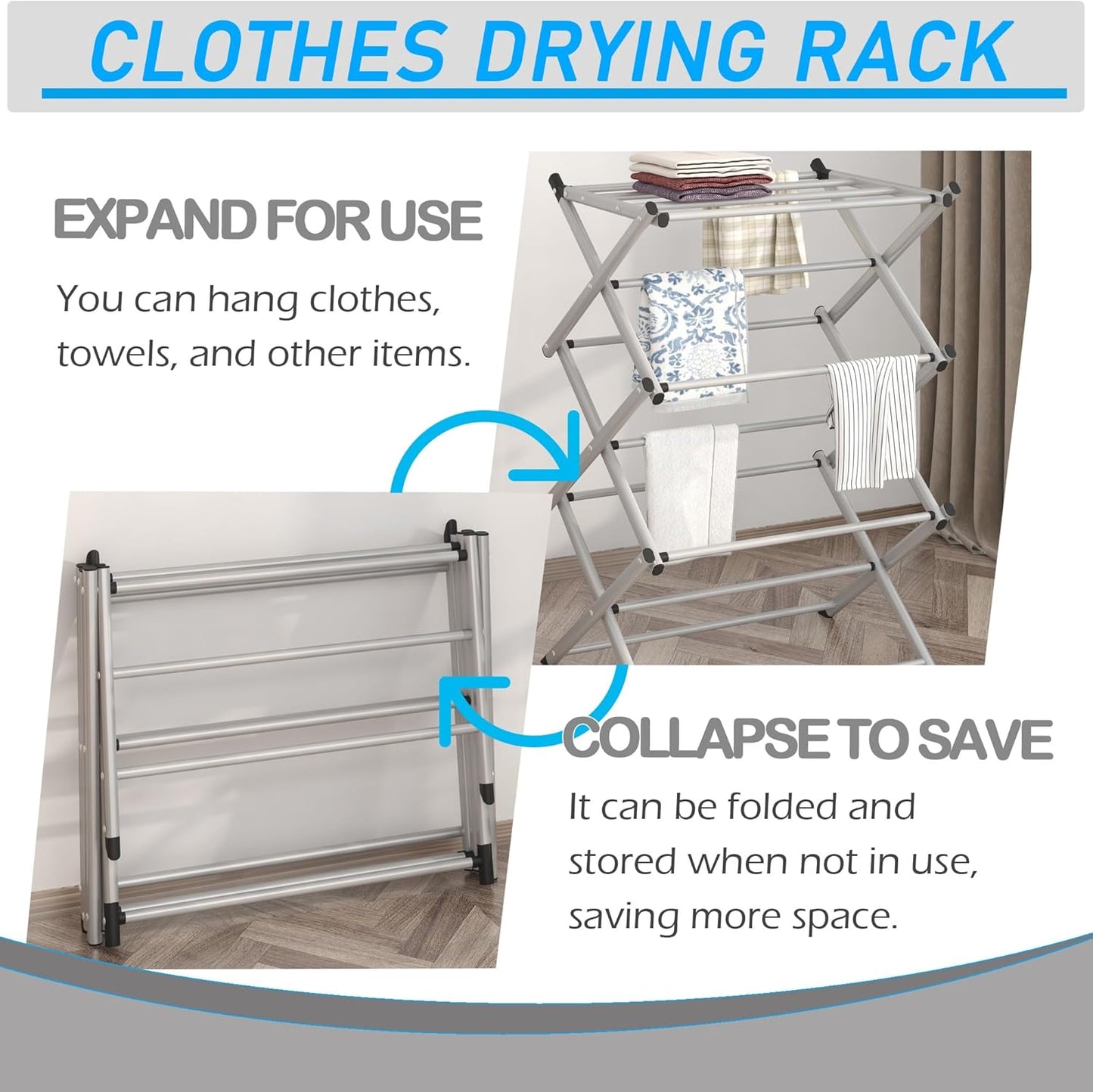 Household Indoor Folding Clothes Drying Rack, Dry Laundry and Hang Clothes,Towel Rack (Silver Gray) for Storage