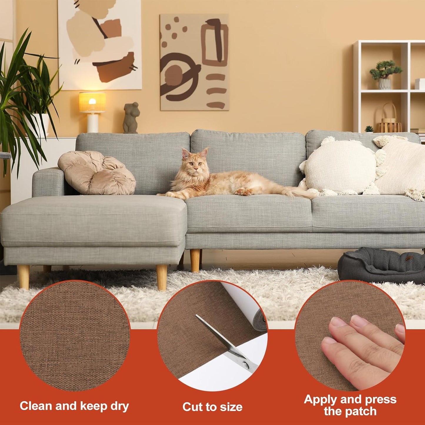 PATIKIL 70x6.2 Inch Linen Repair Tape, Repair Fabric Patch Self Adhesive Couch Patch Line Repair Patch for Furniture Sofa Car Seats Office Chairs, Yellow Brown