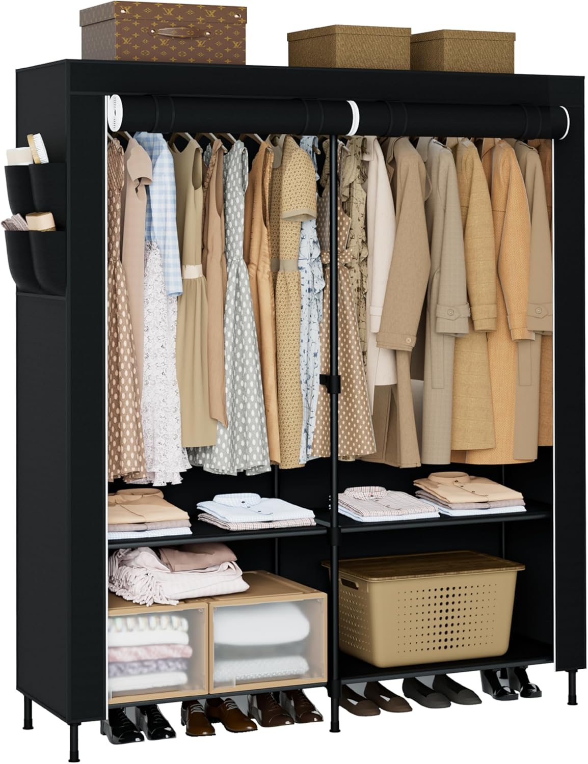 Portable Closet, 54.3 Inch Large Capacity Wardrobe Closet with Cover, Clothes Storage Organizer with Shelves and 2 Hanging Rods, Easy to Assembly, Black PCT102B01
