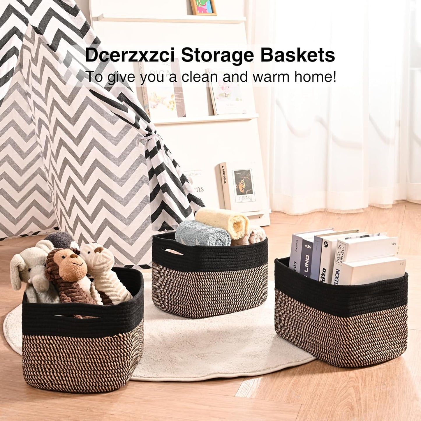 Small Storage Baskets for Organizing Shelves, Cotton Rope Basket for Storage, Cute Rectangular Book Toy Basket, 12.7"×9.1"×7.9", 4 Packs, Black & Jute