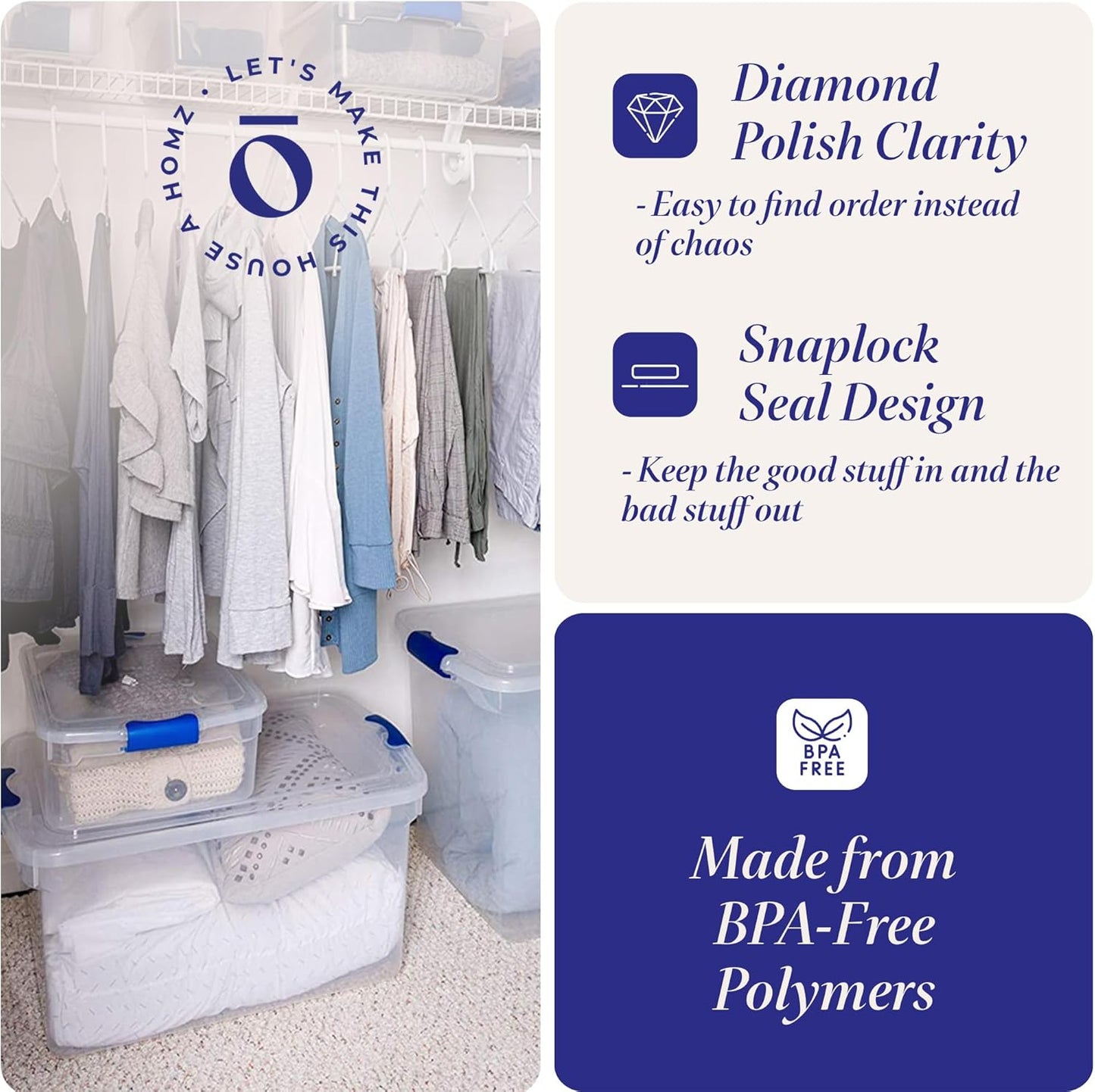 HOMZ 4-Pack Latching Lid, Small Clear Plastic Storage Bins w/ Lids, 15.5 Quart, Blue Latch - Stackable Container Boxes for Home, Bathroom, and Office Organization