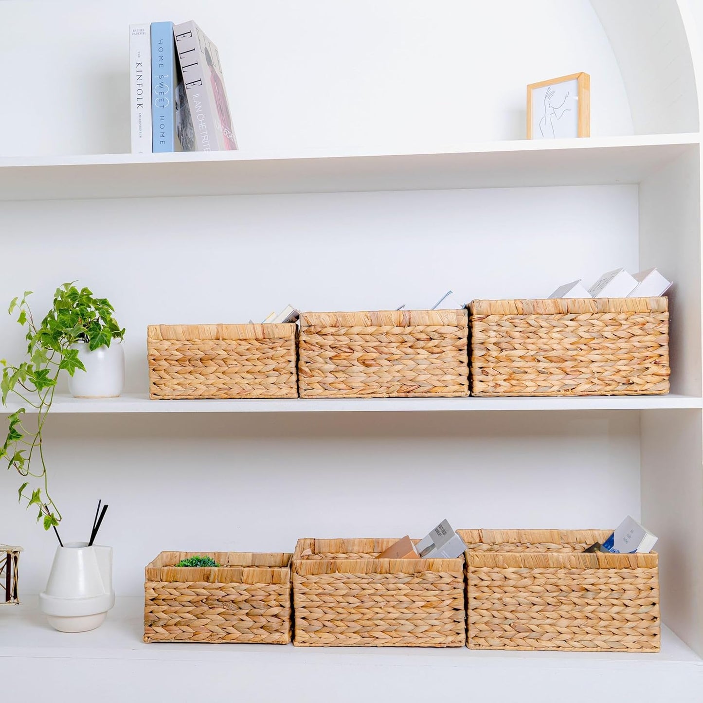 Set of 6 Wicker Storage Basket, Water Hyacinth Storage Baskets, Wicker Storage Baskets for Shelves (Combo 2 Sets SML)