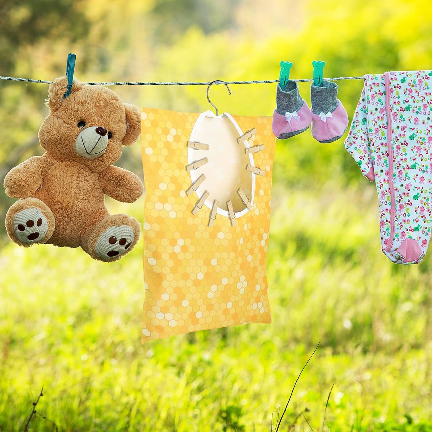 Bee Honeycomb Clothespin Holder - 2 Pcs Bee Clothes Pin Bags - 15 X 11 Inch - Clothes Hanging Bag for Laundry Room & Outdoor Use