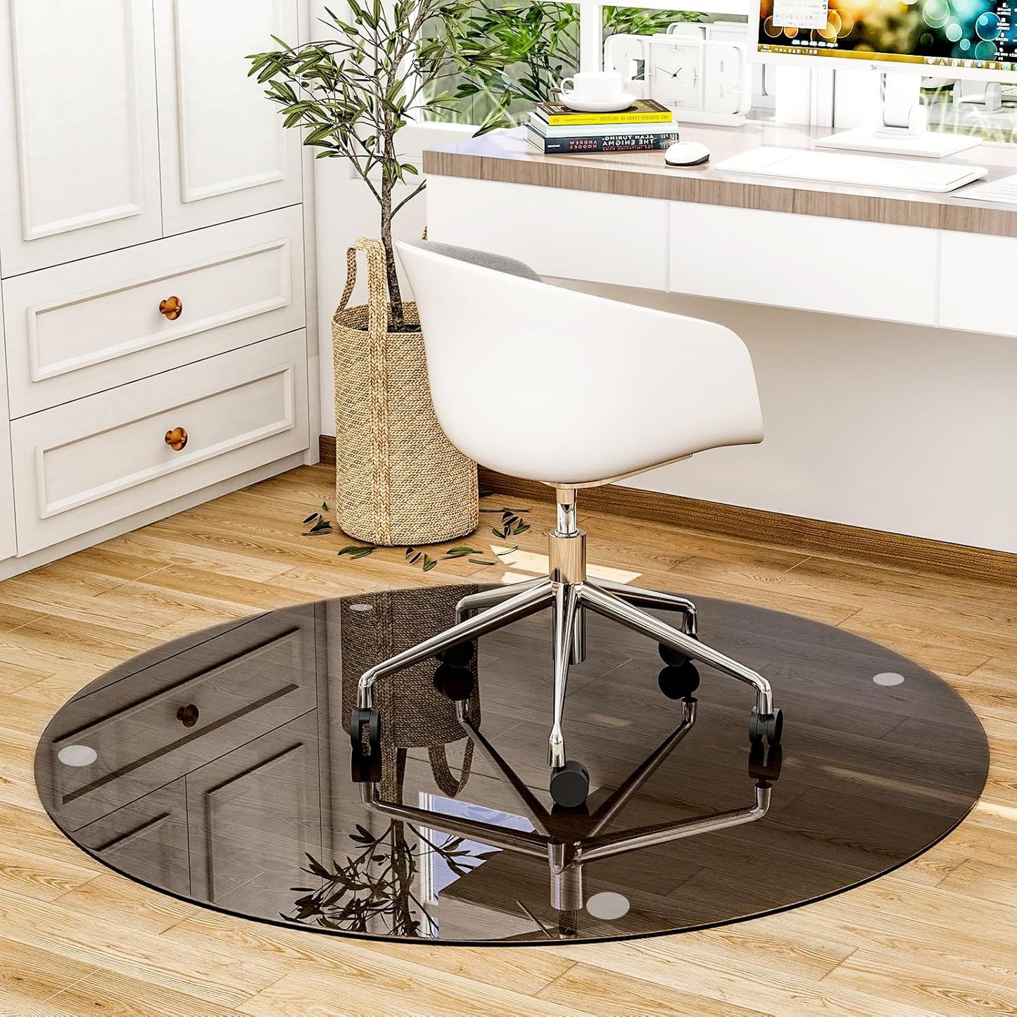 55" x 55" Round Tempered Glass Chair Mat for Carpet & Hardwood, Heavy-Duty Glass Floor Mat for Office Chair, Durable Glass Desk Mat for Home and Office, Grey