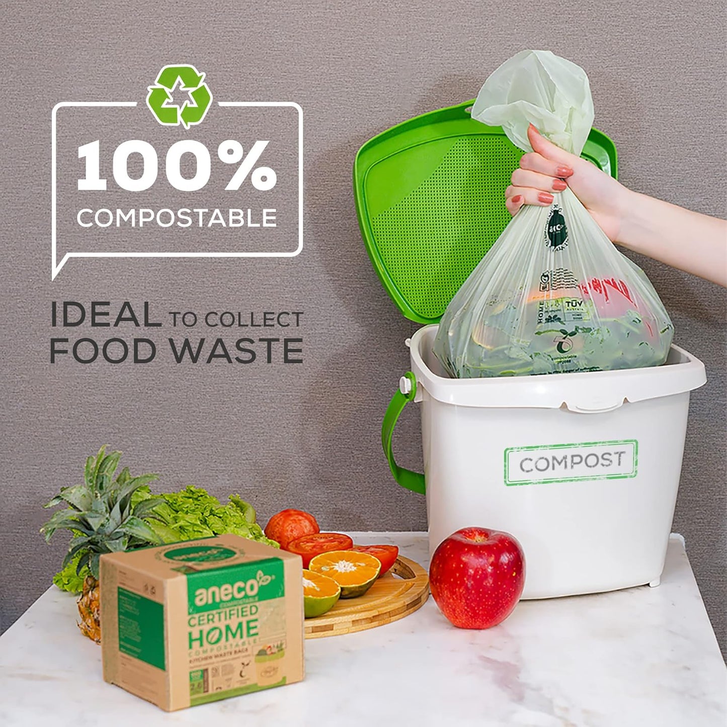 (Include 10 Bonus Bags) ANECO 100% Compostable Waste Bags 2.6 Gallon, Extra Thick Kitchen Small Compost Bags for Countertop Bin, 110 Count (100 + 10 Extra)