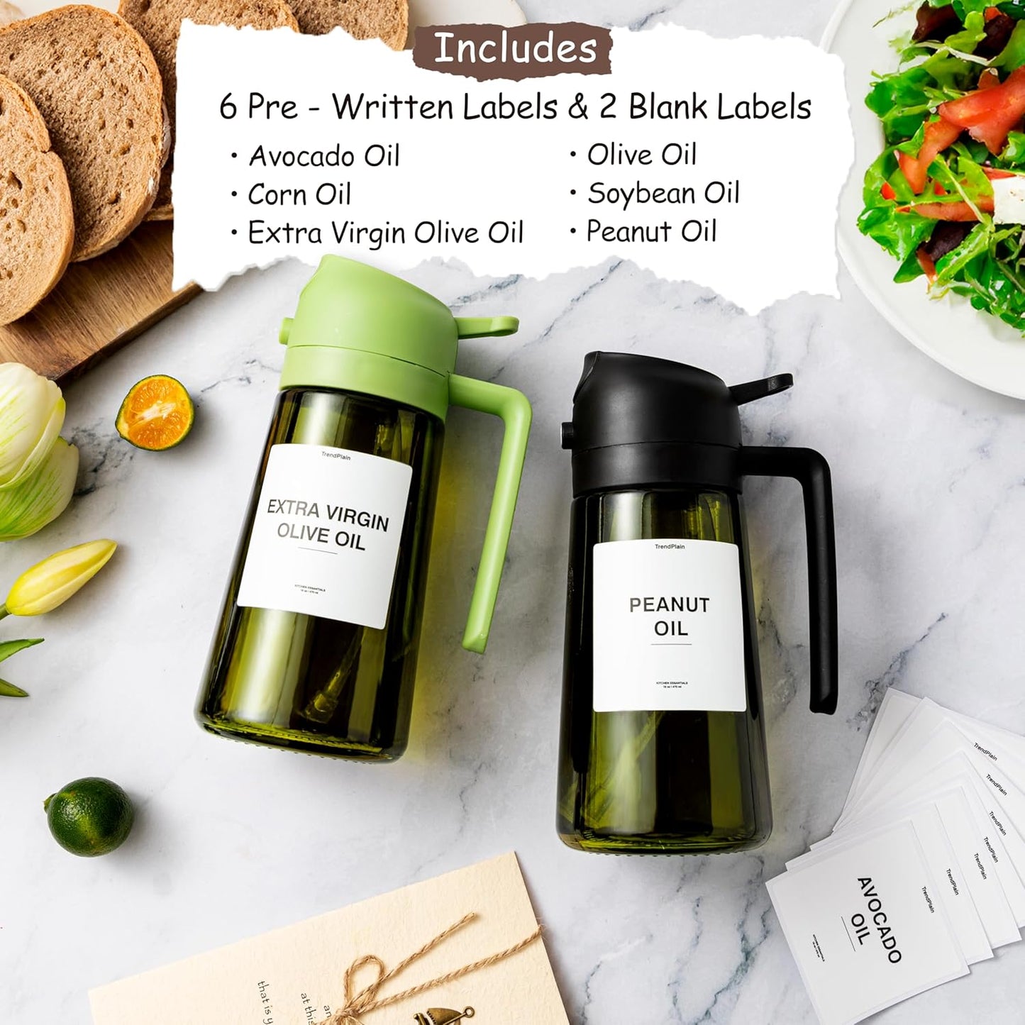 TrendPlain - Original 16oz/470ml Olive Oil Dispenser Bottle for Kitchen Gadgets and Air Fryer Accessories - Olive Oil Sprayer for Cooking w/Stickers - Bubblegum