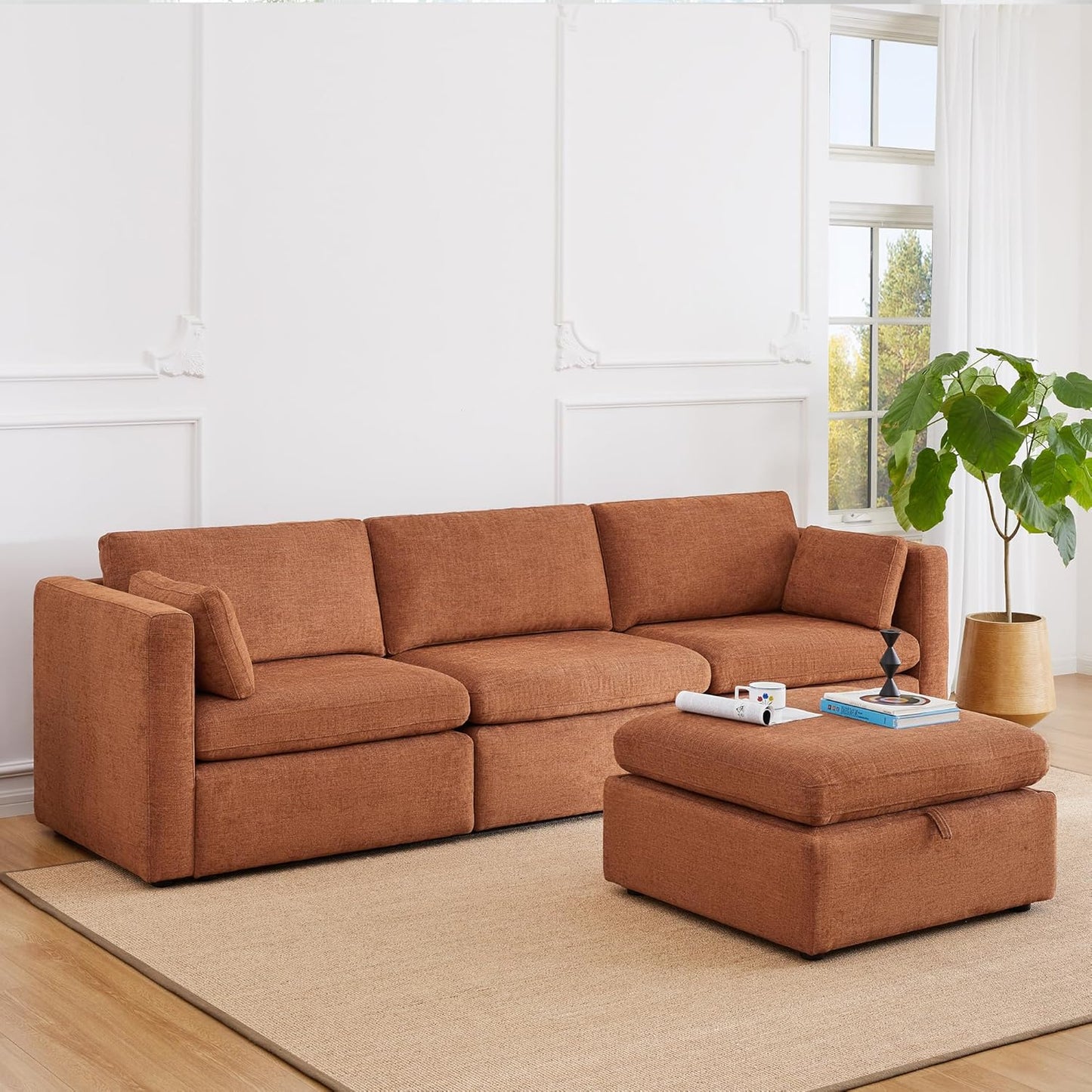 CHITA Modular Sectional Sofa, FSC Certified L Shaped Cloud Couch, Modular Sectional Couch, 112 inch Width,4 Seat Modular Sofa with Storage Ottoman, Terracotta