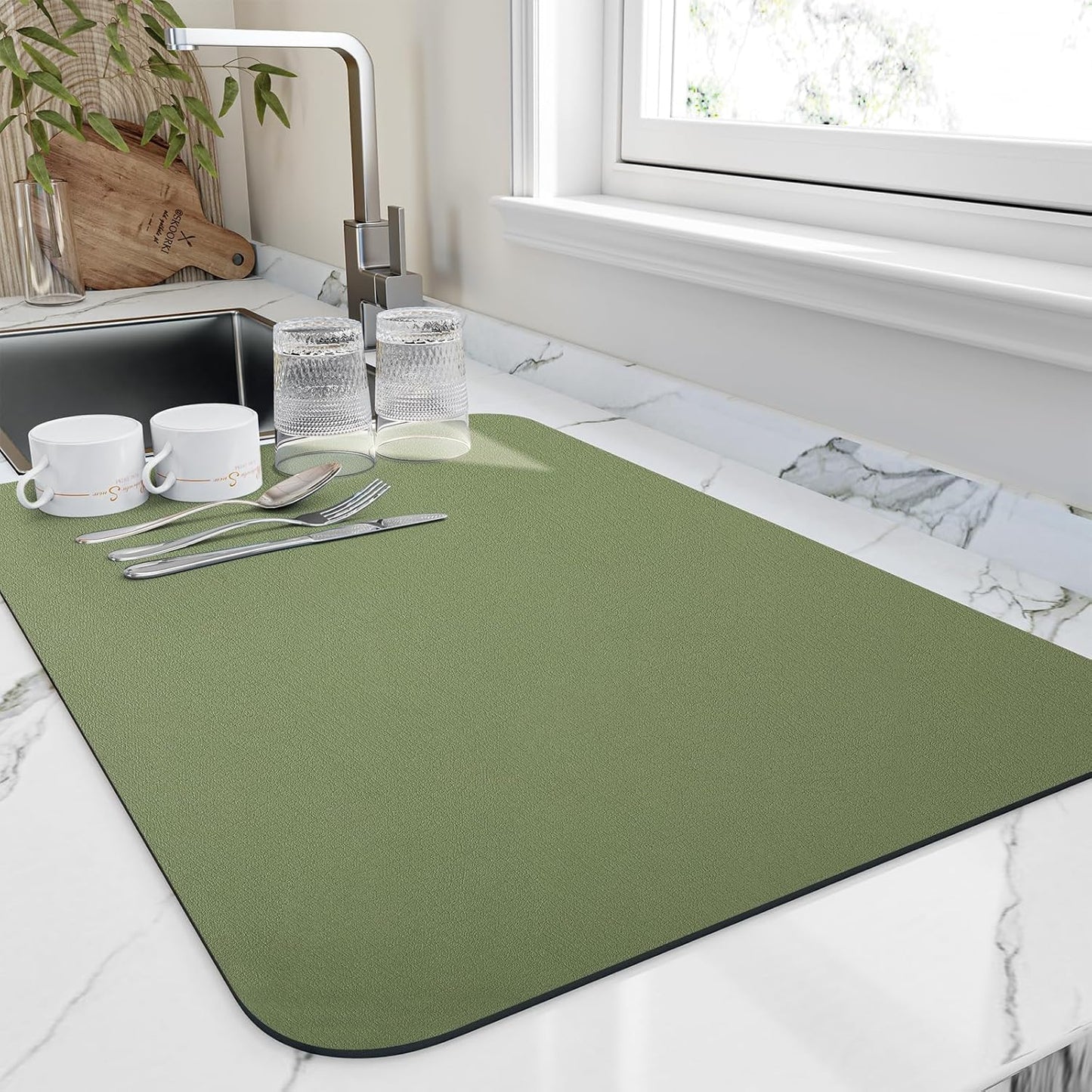 Dish Drying Mat for Kitchen Counter, Heat Resistant Drainer Mats with Non-slip Rubber Backed, Hide Stain Kitchen Super Absorbent Draining Mat, Easy to Clean Dish Rack Pad, Green 18"x24"