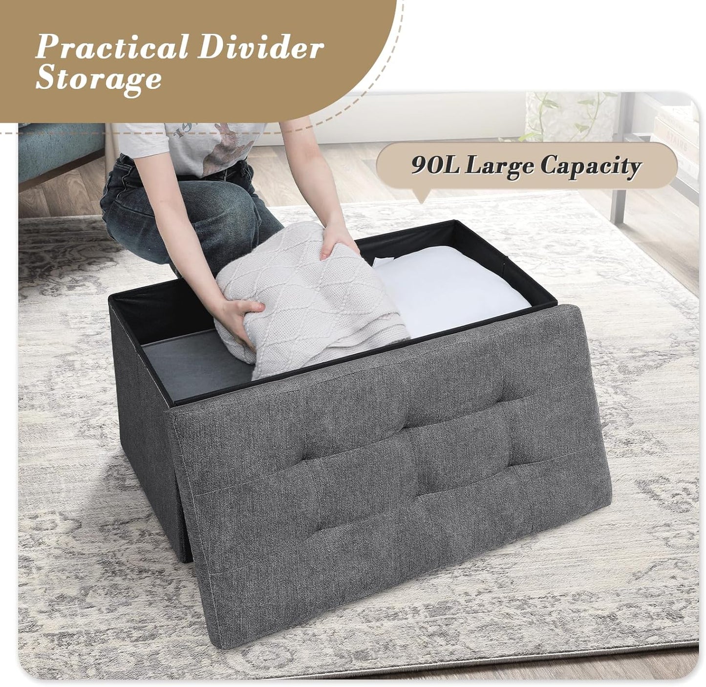 Athena Collection 30" Storage Ottoman Bench Folding Bench with 90L Hidden Storage, Large End of Bed Bench Linen Foot Rest Stool Chest with Flipping Lid for Living Room, Bedroom, Entryway, Dark Gray