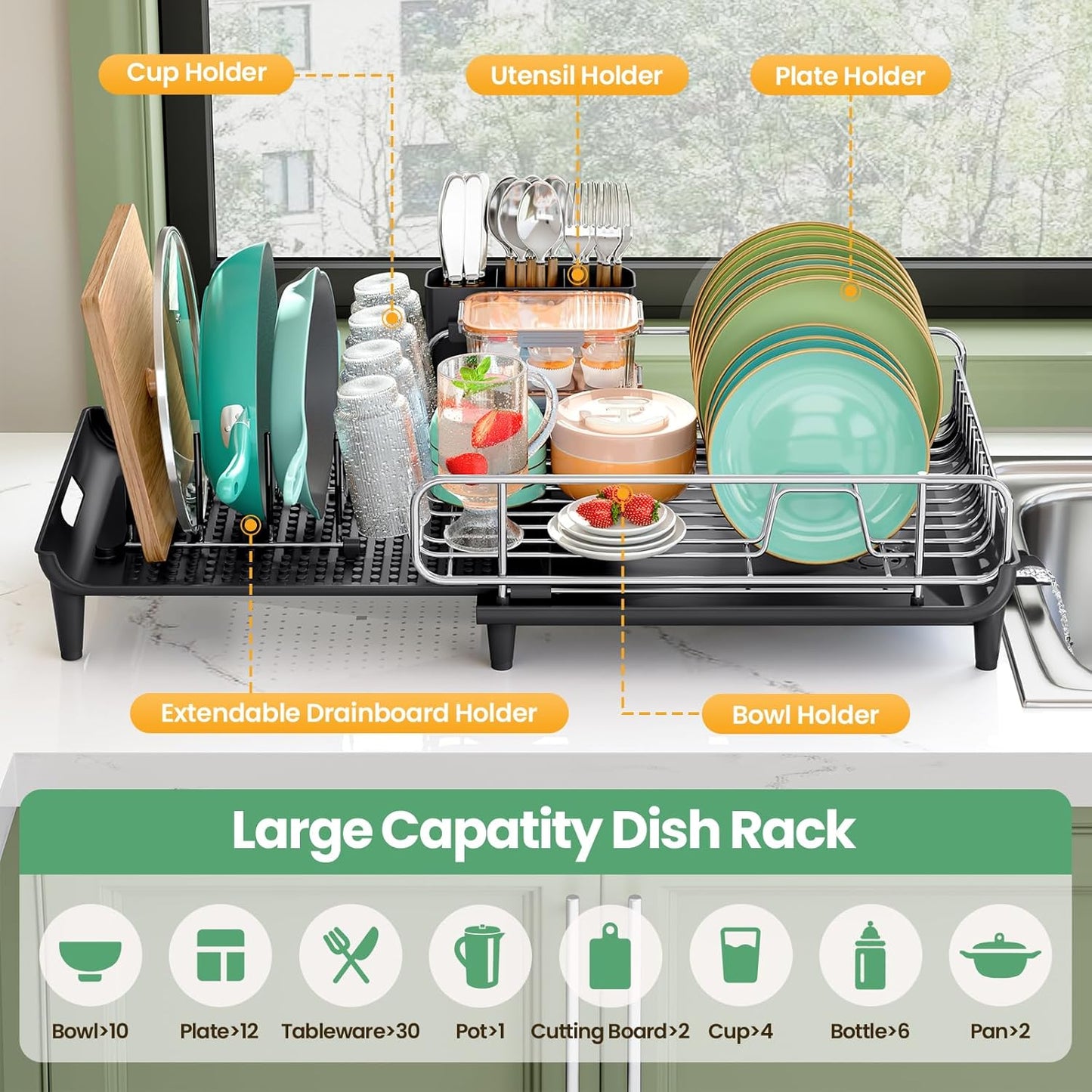 Expandable Dish Drying Rack, Foldable Dish Rack for Kitchen Counter, Stainless Steel Collapsible Dish Drainer Racks with Cutlery Holder, Black