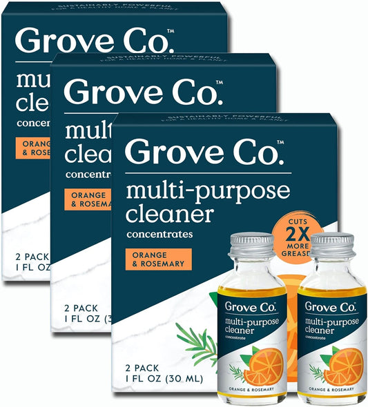 Grove Co. Multi-Purpose Cleaner, Refill Concentrate (6 x 1 Fl Oz) Plant-based Household Cleaning Supplies, Ammonia & Chlorine Free, No Plastic Waste, Orange & Rosemary Scent, Total 3 x 2 Pack Refills