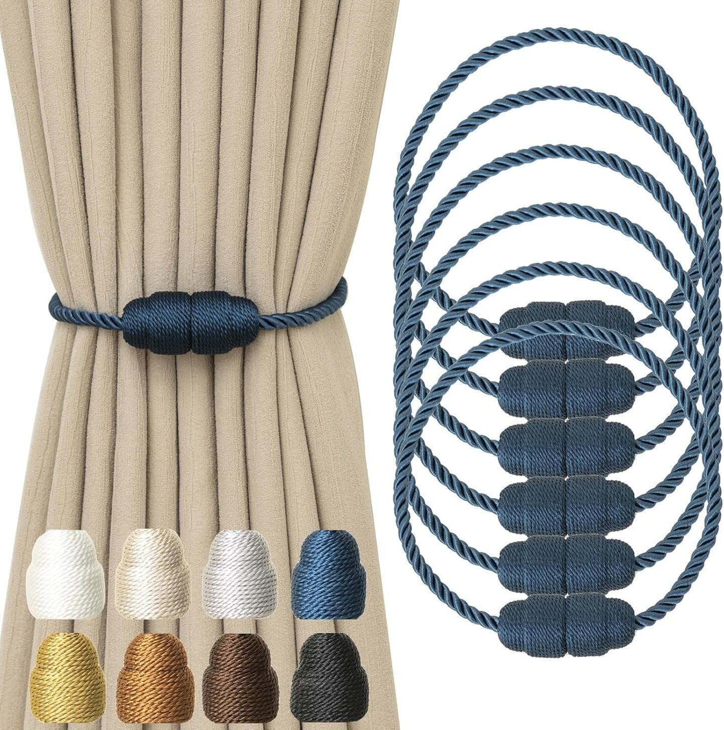 Magnetic Curtain Tiebacks Rope Tie Backs 6 Pack Curtains Holders for Drapes Decorative Window Holdbacks, Blue