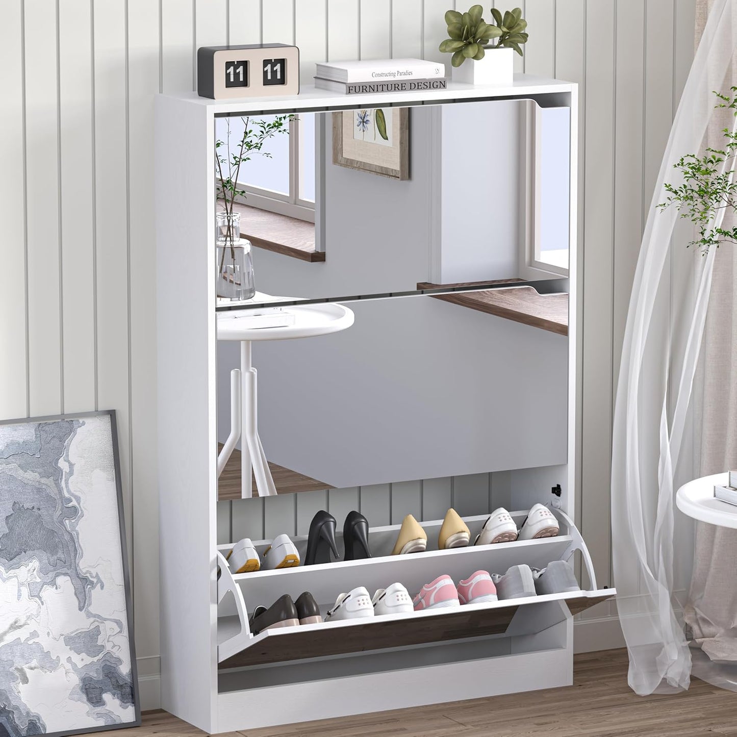 Shoe Cabinet with 3-Flip Mirror Drawers, Freestanding Shoe Rack Organizer with Hidden Handle, Slim Narrow Shoe Storage Cabinet for Entryway, Entrance, Hallway, Bedroom