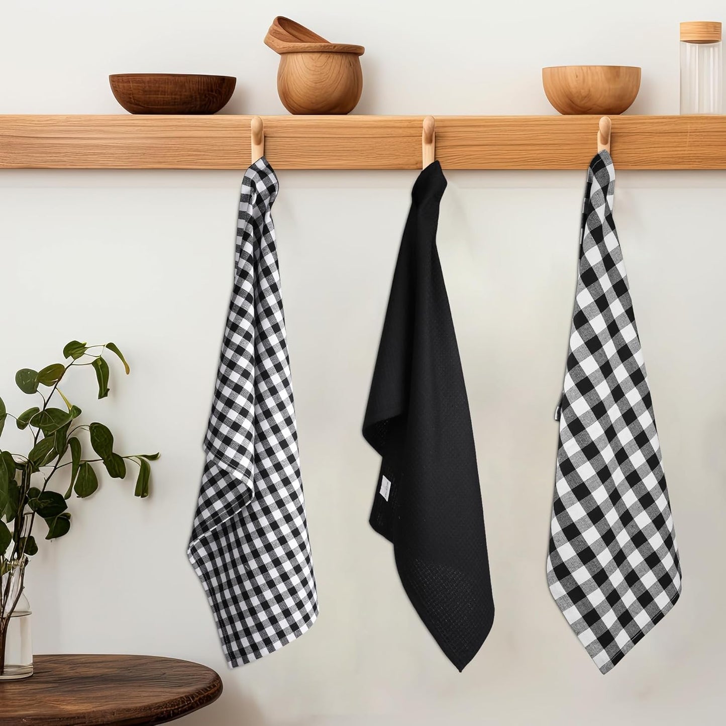 Kitchen Towels Set of 6 Soft Premium Cotton Highly Absorbent Dish Towels 18x28 Inches, Washable & Reusable Tea Towel, Quick Drying Dish Cloths with Hanging Loop - Black/White, Checks